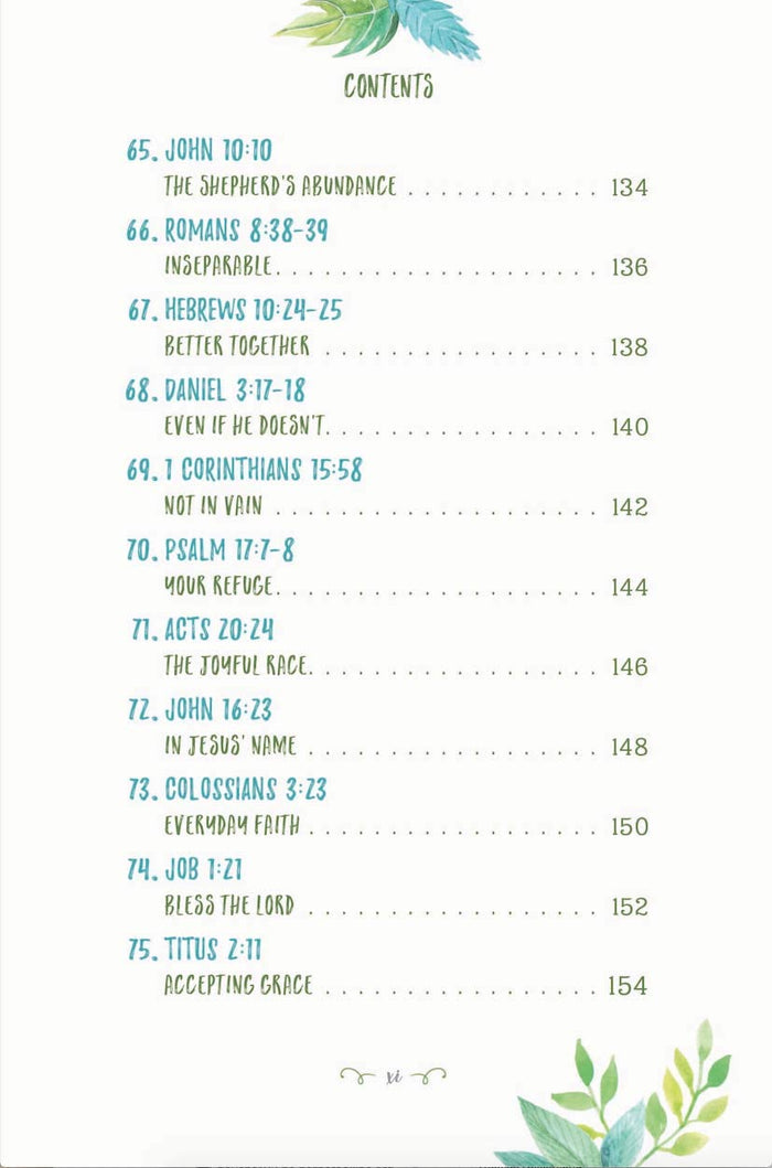 Table of contents with chapter titles and page numbers on a white background with green leaf designs.