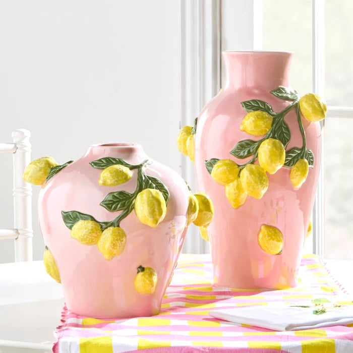 9.5" Pink Vase with Lemons