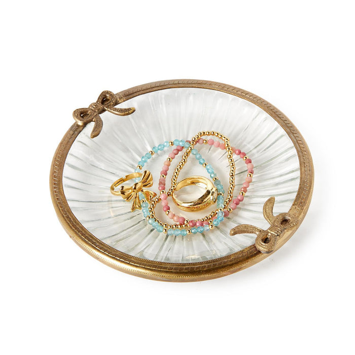 Antique Gold Finish Round Glass Trinket Tray / Dish with Bow Accent