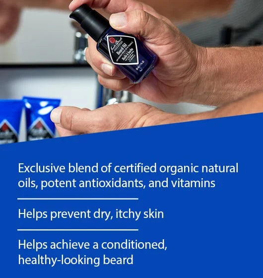 Hand holding a bottle of grooming product with text about its benefits on a blue background