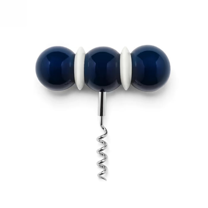 Corkscrew with blue and white beads on a white background