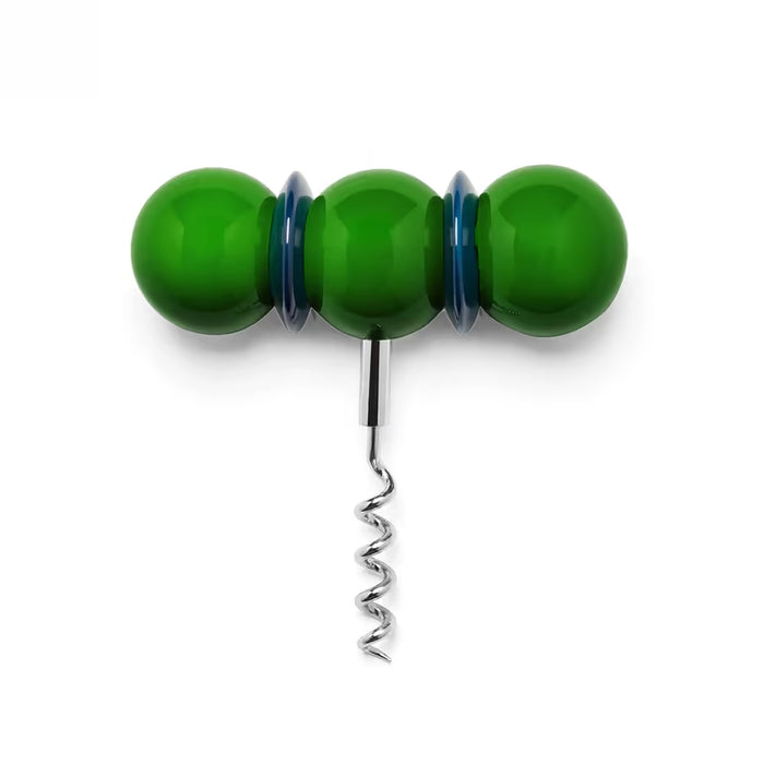 Corkscrew with green beads on a white background