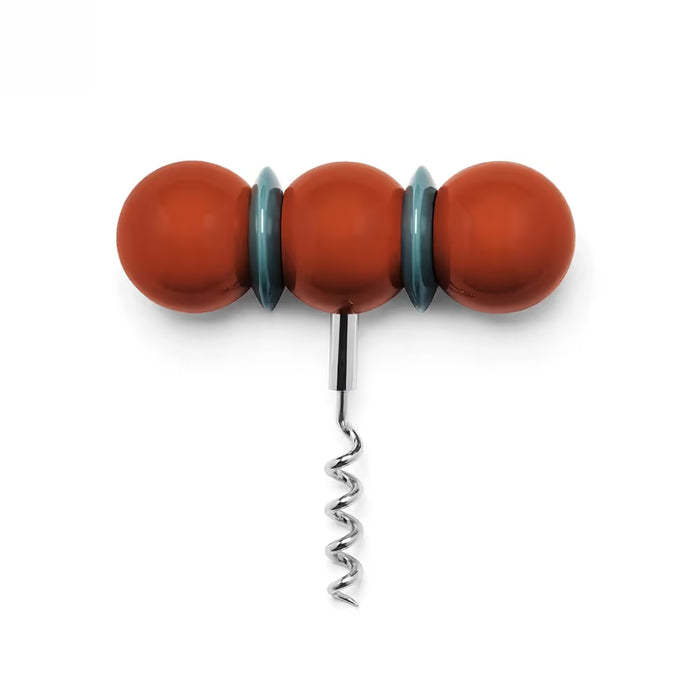 Wine bottle opener with orange and teal beads on a white background