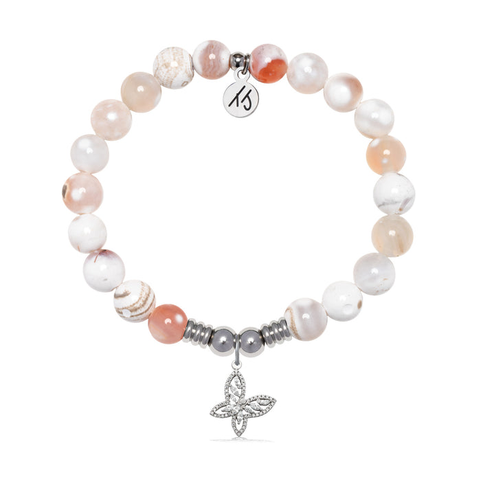 Butterfly CZ Charm with White Natural Agate Gemstone Bracelet