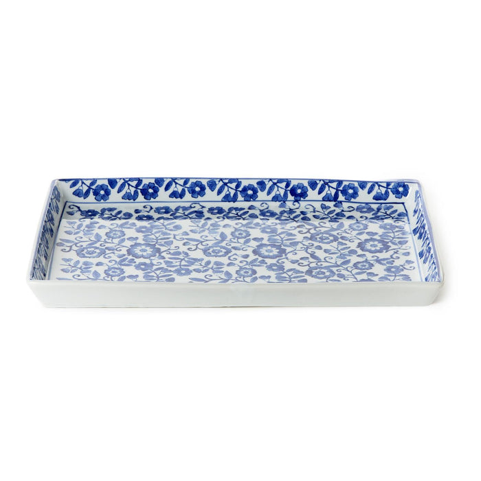 Chinoiserie Hand-Painted Blue and White Floral Tray