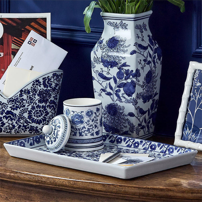 Chinoiserie Hand-Painted Blue and White Floral Tray