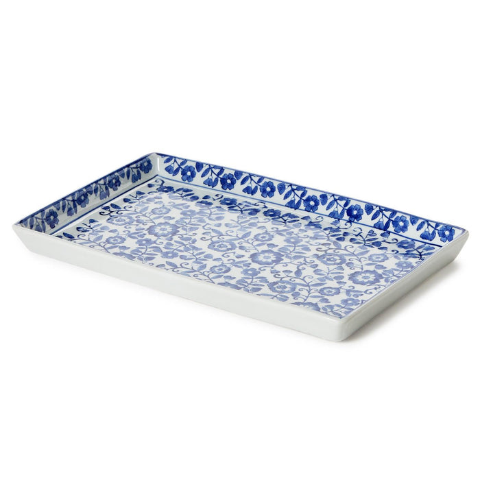 Chinoiserie Hand-Painted Blue and White Floral Tray