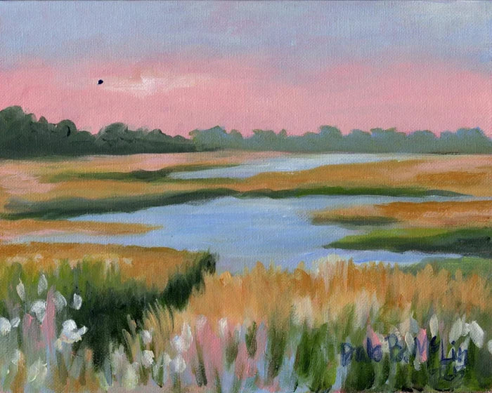 Painting of a marsh landscape with water, grass, and flowers under a pink sky.