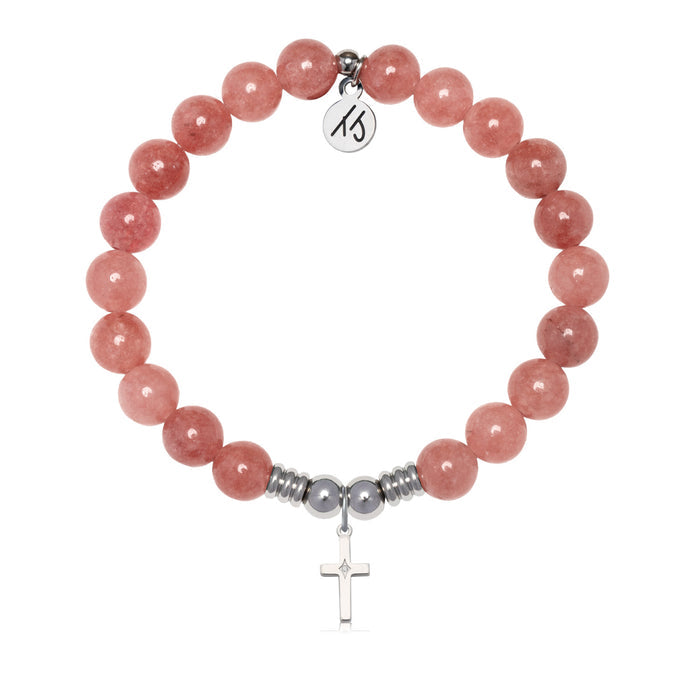 Cross CZ Charm with Strawberry Jade Gemstone Bracelet