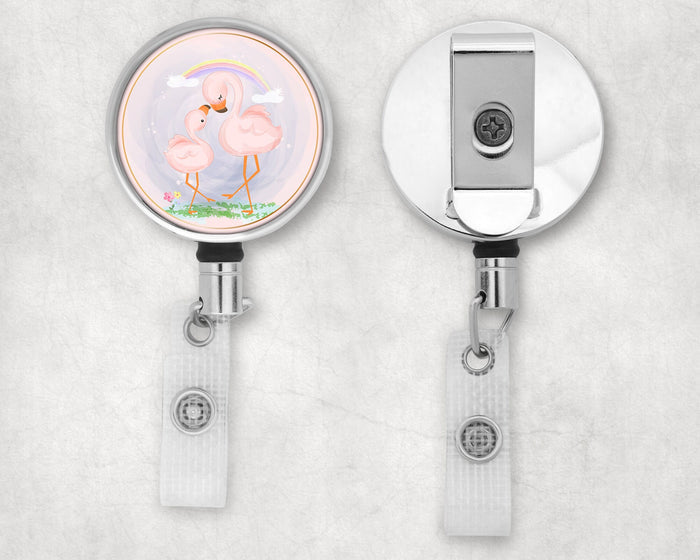 Cute Flamingo Mom and Baby Art Badge Reel