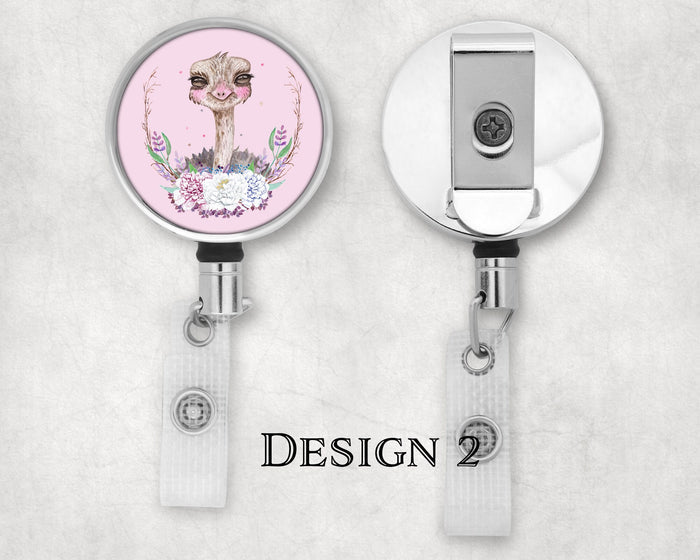 Cute Ostrich Flower Wreath Art Badge Reel