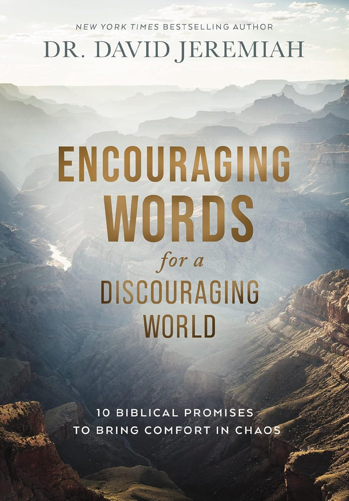 Book cover with mountainous landscape and text about encouraging words for a discouraging world