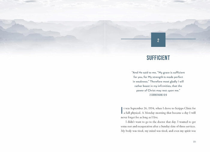 Book page with text and a mountain landscape