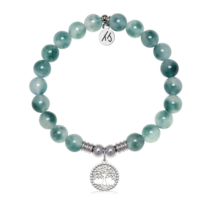 Family Tree Charm with Teal White Jade Gemstone Bracelet