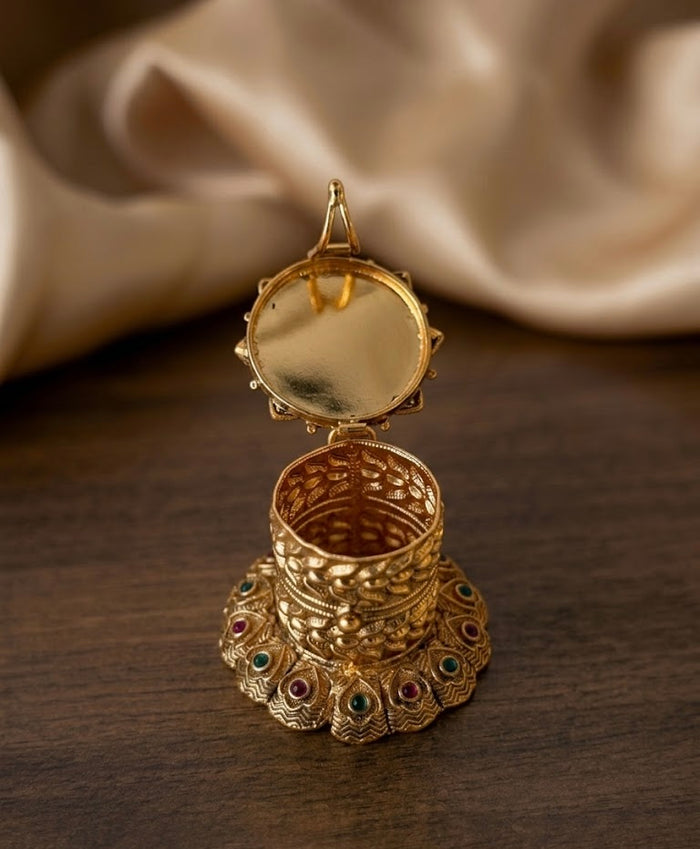 Gold Flower Nakshi Multi Kemp Stone Cylinder Kumkum Box