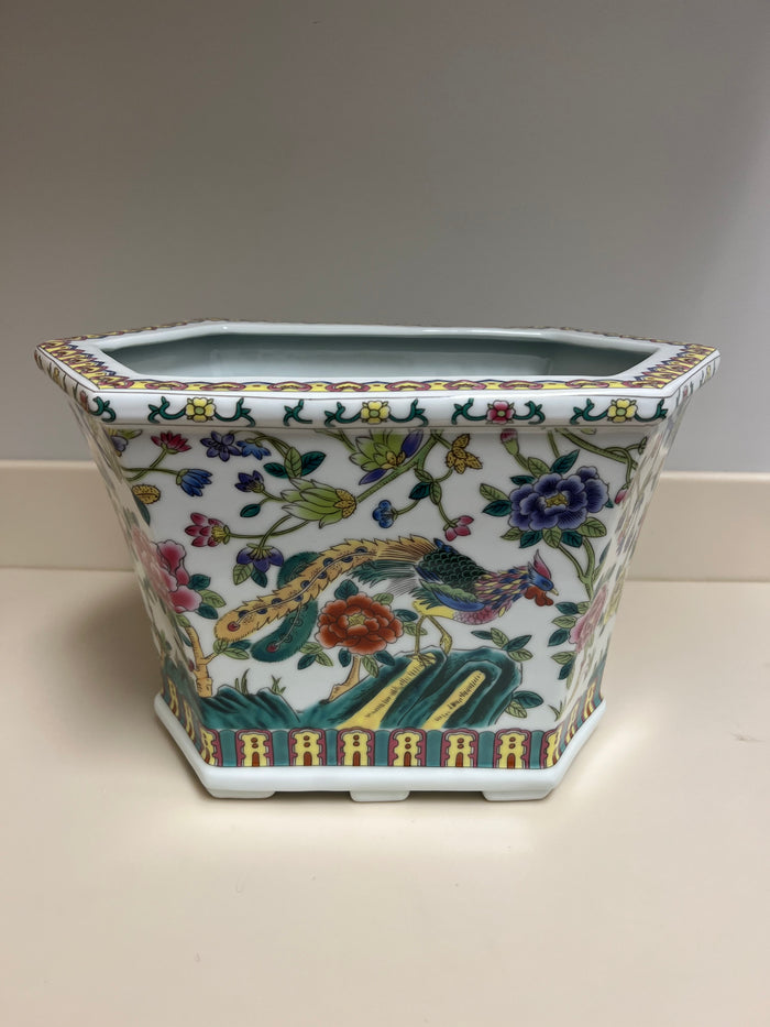 Green and Pink Floral Bird Hexagonal Planter