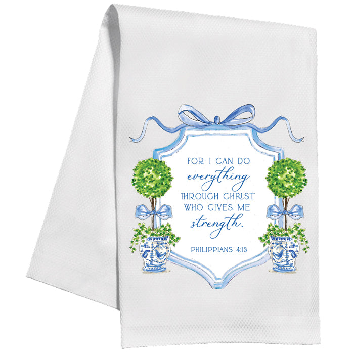 Handpainted Blue Crest with Topiaries Scripture Tea Towel