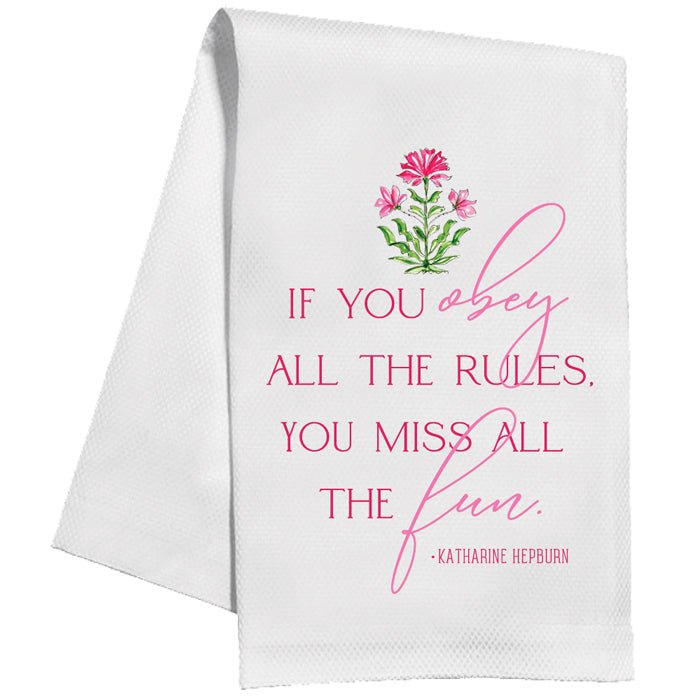 Handpainted Pink Floral Block Print Tea Towel