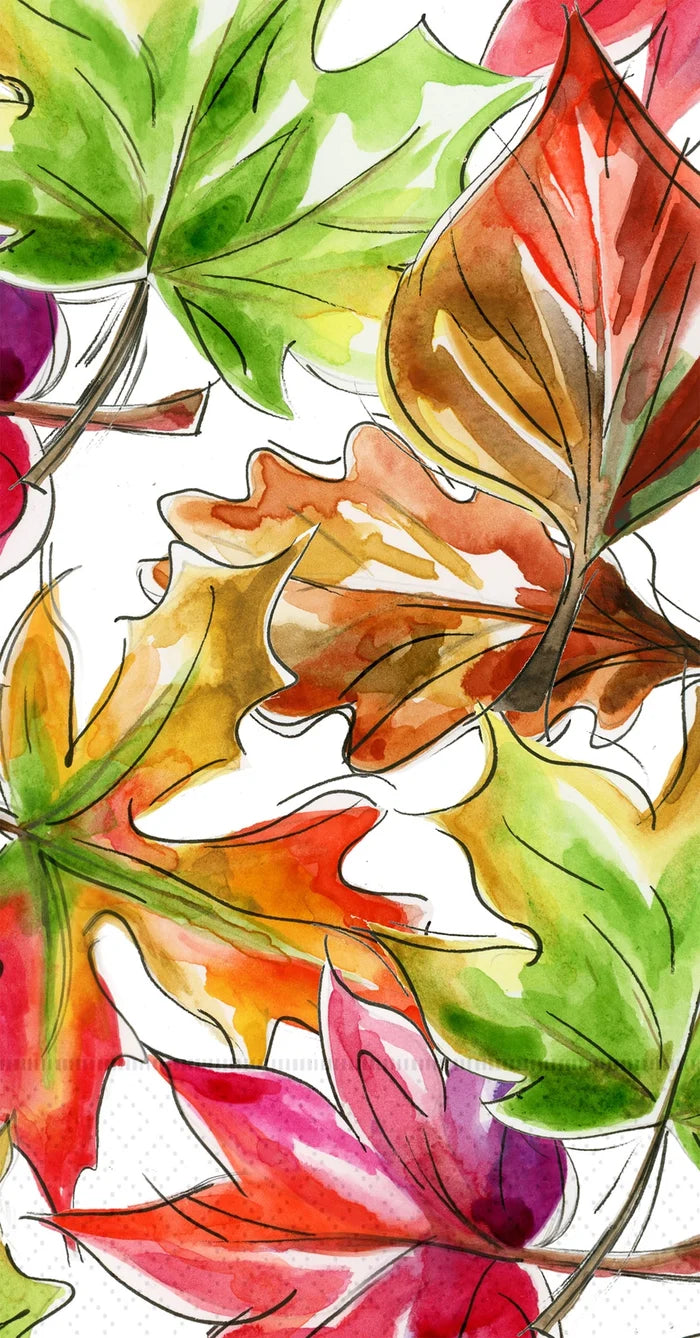 Watercolor illustration of overlapping autumn leaves in shades of green, orange, red, yellow, and purple on a white background.