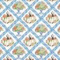 A repeating watercolor-style pattern featuring cream pumpkins with orange and red berries, blue floral bouquets in blue-and-white urns, and a blue lattice background.
