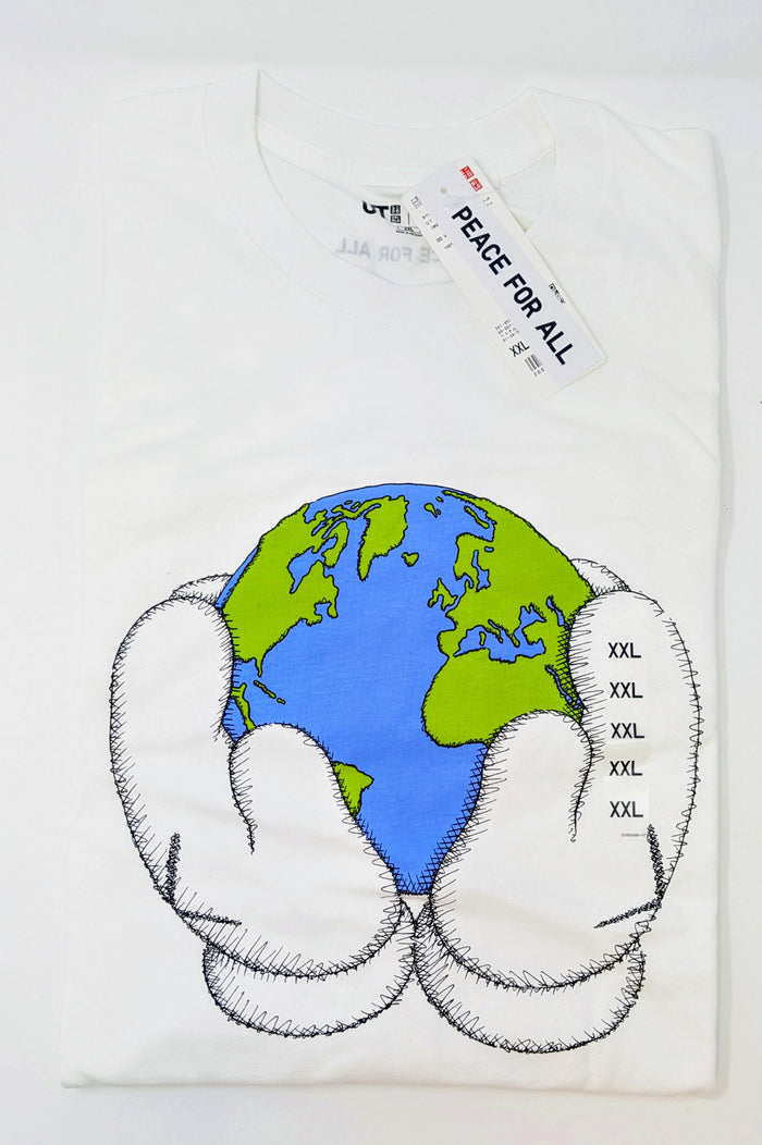 KAWS x Uniqlo PEACE for ALL Extra Extra Large XXL White Globe Hands T-Shirt NWT