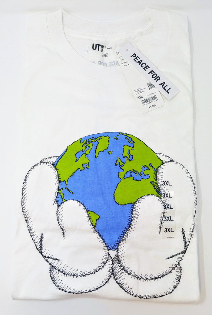 KAWS x Uniqlo PEACE for ALL Triple Extra Large 3XL White Globe Hands T-Shirt NWT