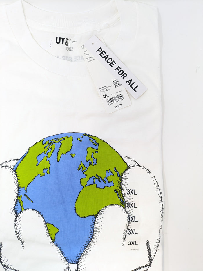 KAWS x Uniqlo PEACE for ALL Triple Extra Large 3XL White Globe Hands T-Shirt NWT