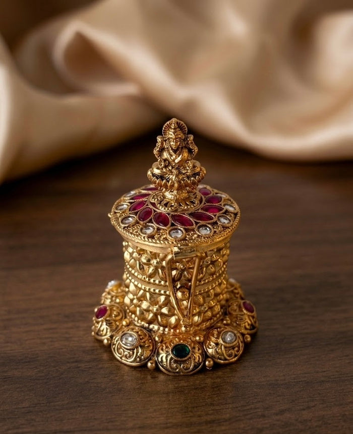 Lakshmi Carved Multi Kemp Stone Cylinder Kumkum Box