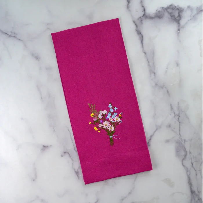 Magenta Wildflower Bouquet Linen Tea Towel