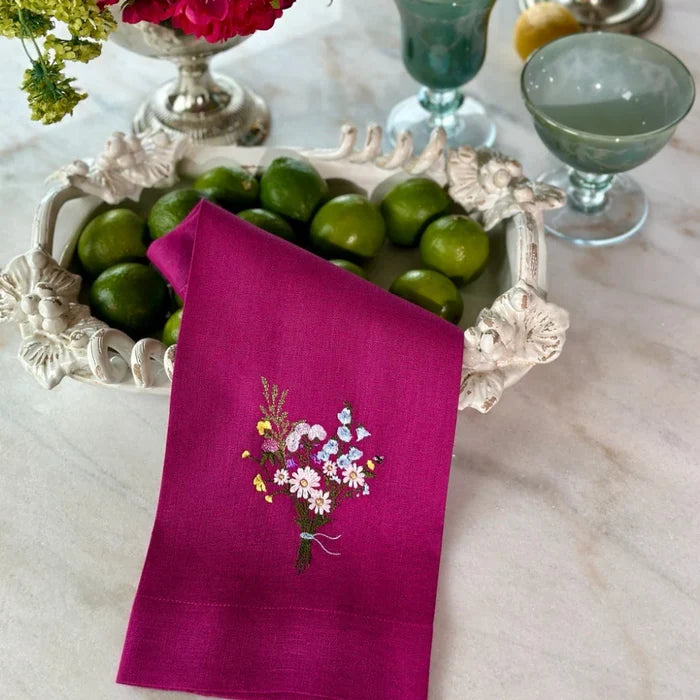 Magenta Wildflower Bouquet Linen Tea Towel