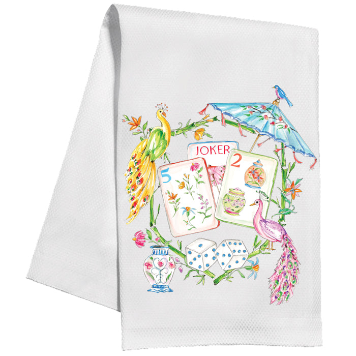 Mahjong Tiles, Colorful Peacocks & Umbrella Tea Towel