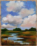 Painting of a landscape with a river and fluffy clouds in a blue sky.