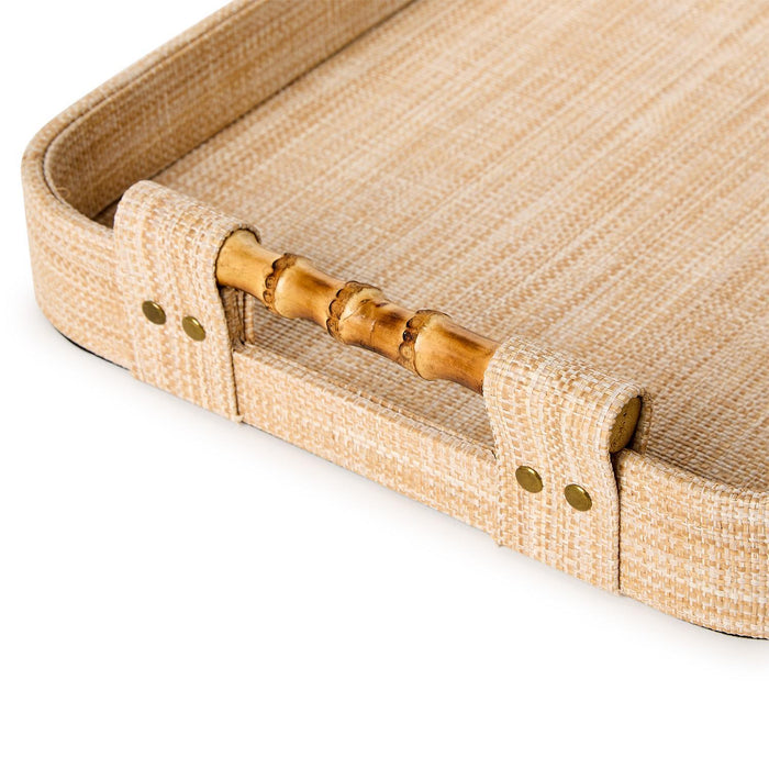 Monaco Natural Grass Decorative Rectangle Tray with Oval Corner and Bamboo Handles