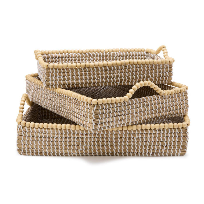 Natural Seagrass Rectangle Tray with Wooden Bead Accent