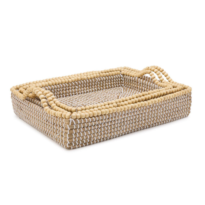 Natural Seagrass Rectangle Tray with Wooden Bead Accent