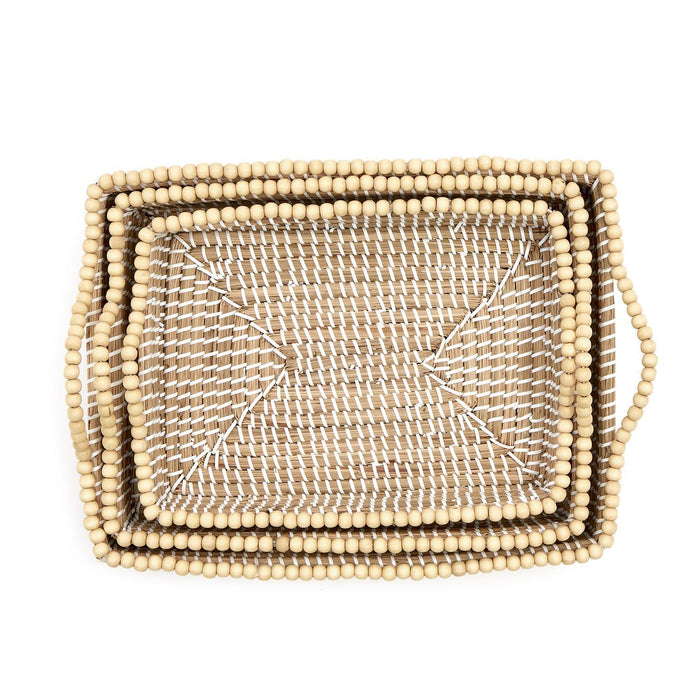 Natural Seagrass Rectangle Tray with Wooden Bead Accent