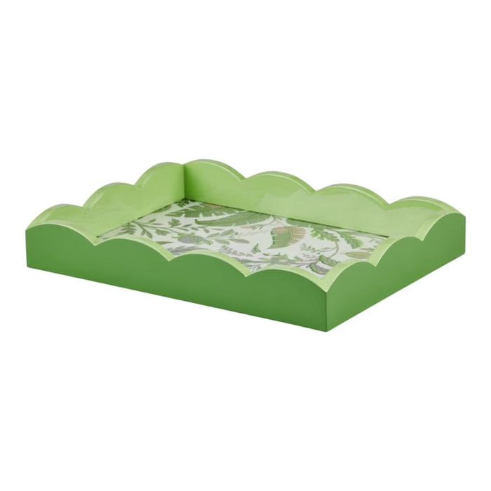 Green scalloped-edge tray with a decorative pattern on a white background