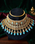 Polki Kundan Turquoise Stone Pearl Drop Choker Necklace Set