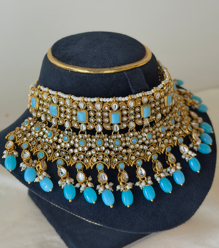 Polki Kundan Turquoise Stone Pearl Drop Choker Necklace Set
