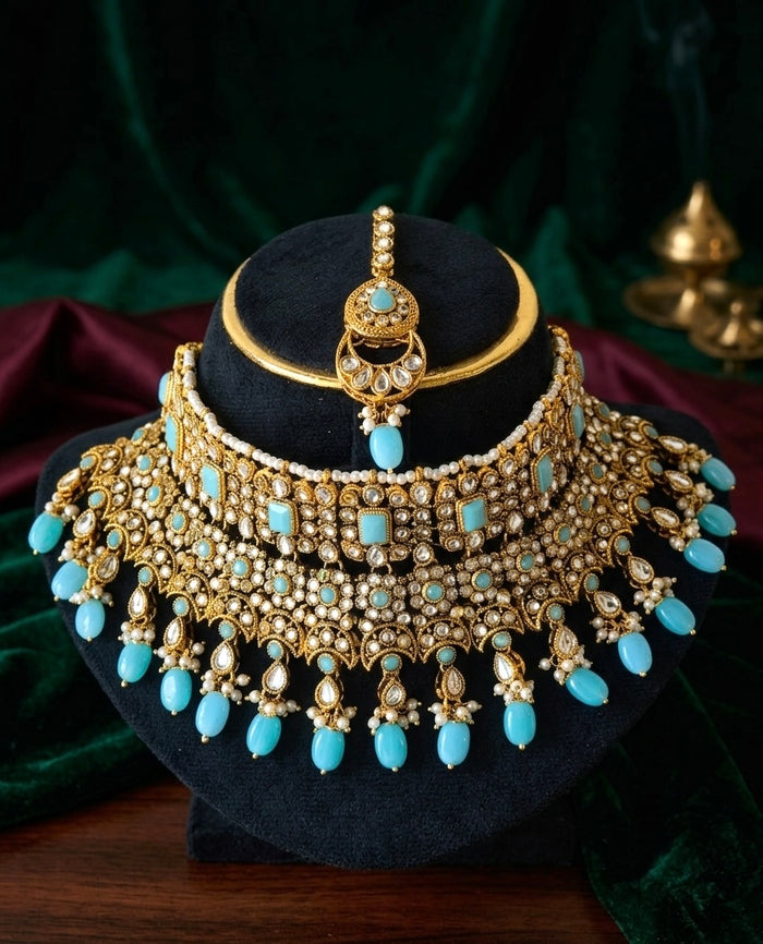 Polki Kundan Turquoise Stone Pearl Drop Choker Necklace Set