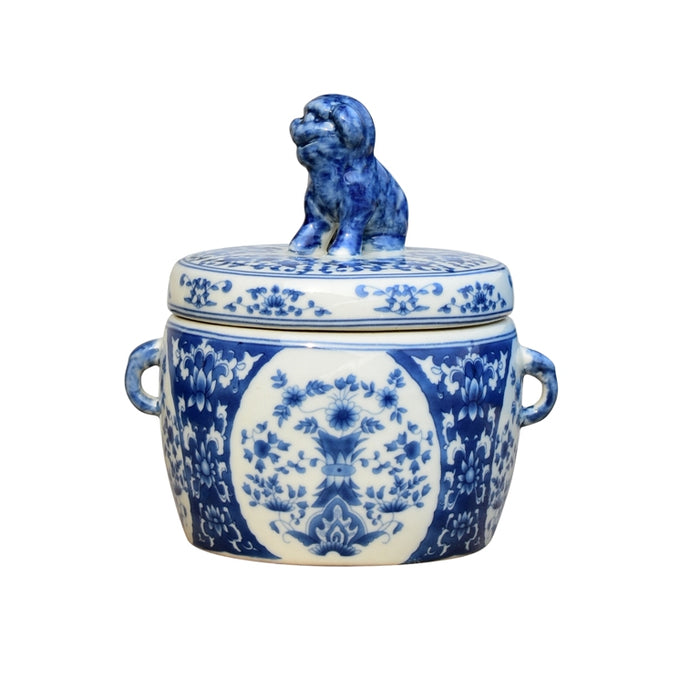 Porcelain Blue and White Lion Tea Caddy Jar