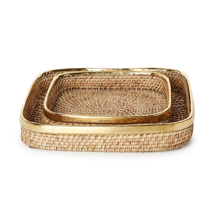 Rectangle Hand Woven Rattan Tray with Brass Rim Accent