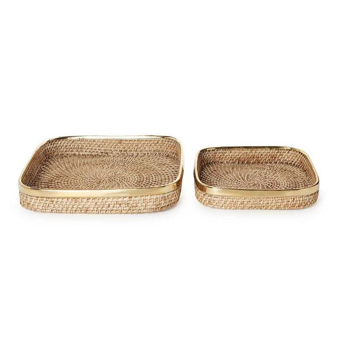 Rectangle Hand Woven Rattan Tray with Brass Rim Accent
