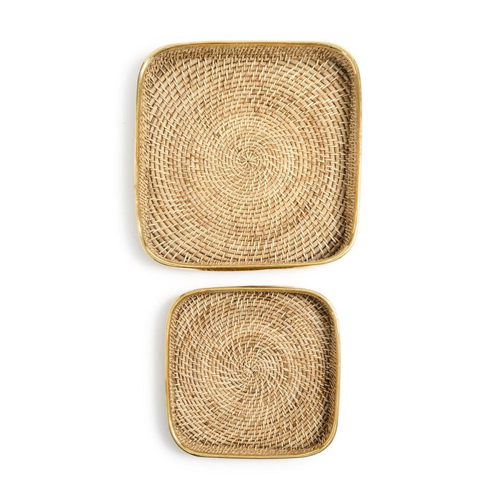 Rectangle Hand Woven Rattan Tray with Brass Rim Accent