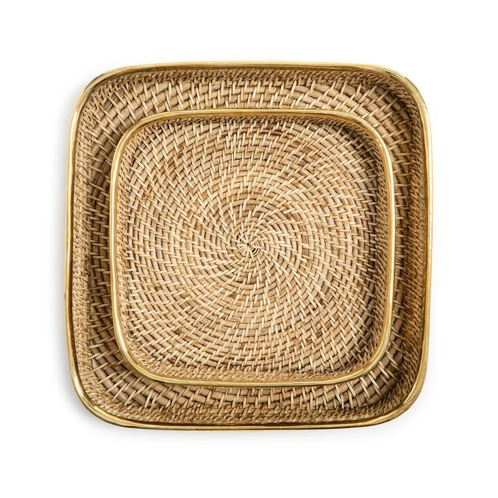Rectangle Hand Woven Rattan Tray with Brass Rim Accent