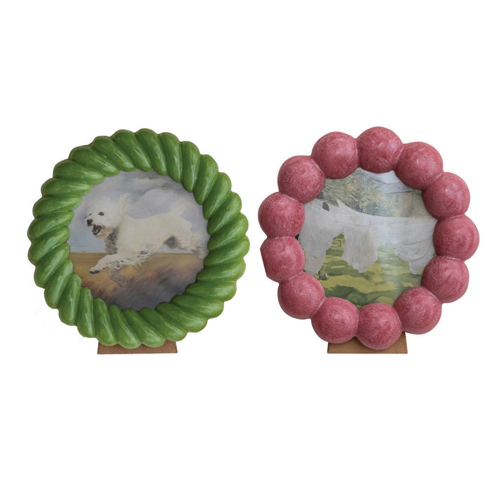 Two decorative items with green and pink bead designs featuring a dog on a white background.