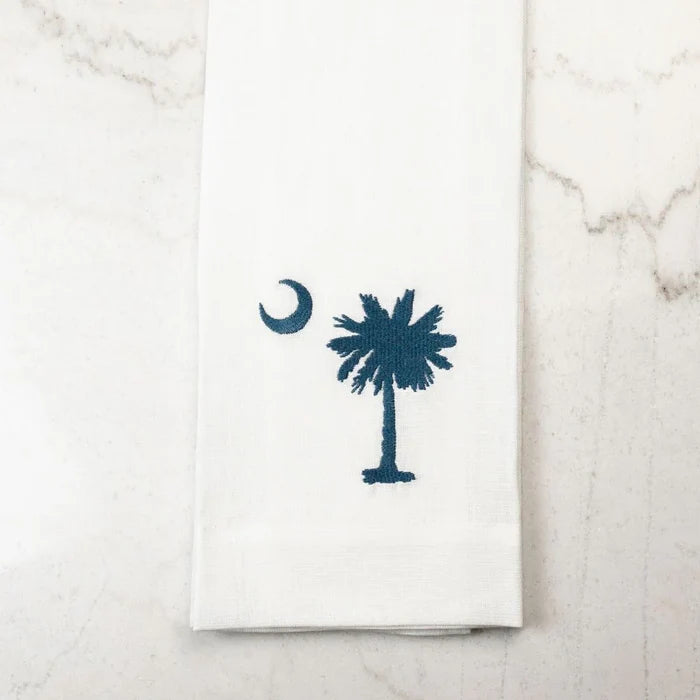 Royal Blue Palmetto White Linen Tea Towel