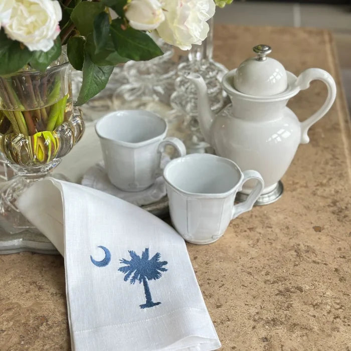 Royal Blue Palmetto White Linen Tea Towel