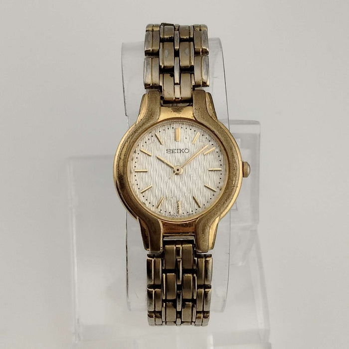 I Like Mikes Mid Century Modern Watches Seiko Petite Gold Tone Watch, Quilted Face Detail, Bracelet Strap