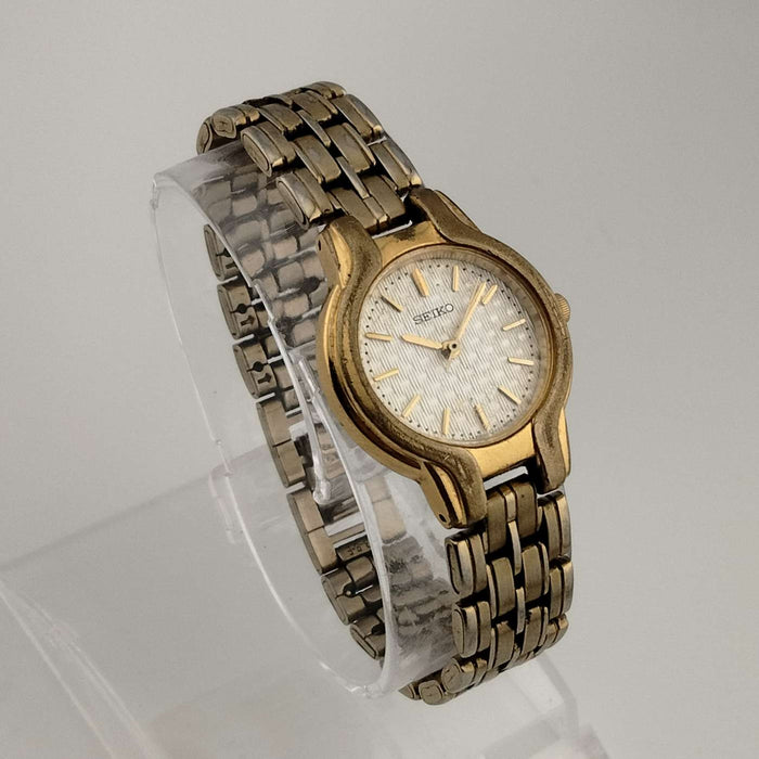 I Like Mikes Mid Century Modern Watches Seiko Petite Gold Tone Watch, Quilted Face Detail, Bracelet Strap